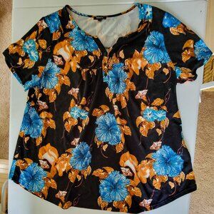 Plus Size Floral Henley Tunic Top 3X 30" long - Loose stretch top, 5% Spandex